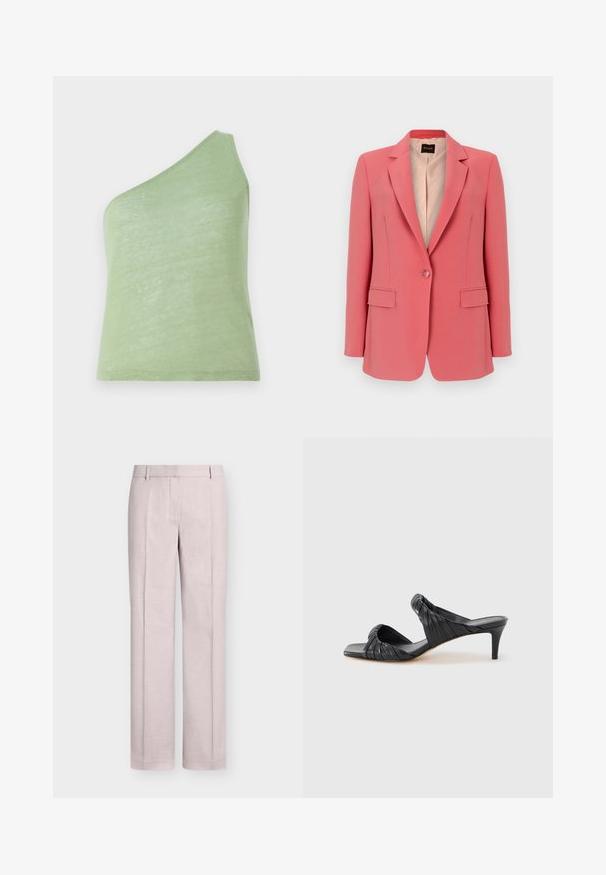 Blazer coral rosa con un solo botón, solapas con muesca, bolsillos con solapa y forro interior beige claro, colgado contra un fondo neutro.; Top de tirantes asimétrico verde en una tela suave y ligera, con un solo tirante en el hombro y una textura suave.; Pantalones rectos de color rosa claro con pinzas delanteras, trabillas para cinturón y cintura plana sobre un fondo blanco.; Sandalias negras con tacón y puntera cuadrada, hechas de cuero liso. Presentan tiras fruncidas y un tacón delgado para mayor elevación.