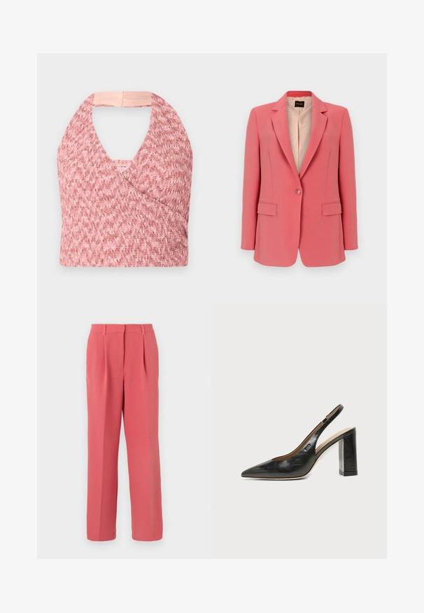 Blazer coral rosa con un solo botón, solapas con muesca, bolsillos con solapa y forro interior beige claro, colgado contra un fondo neutro.; Top halter rosa claro elaborado con un tejido de punto texturizado con un diseño de envoltura, que presenta una suave banda beige en la parte posterior para un ajuste seguro.; Pantalones sastre coral rosa de talle alto con pliegues delanteros, trabillas para cinturón y piernas rectas sobre un fondo liso y claro.; Zapato slingback de piel negra con puntera puntiaguda, tacón alto y ancho, y forro interior beige sobre un fondo claro y liso.
