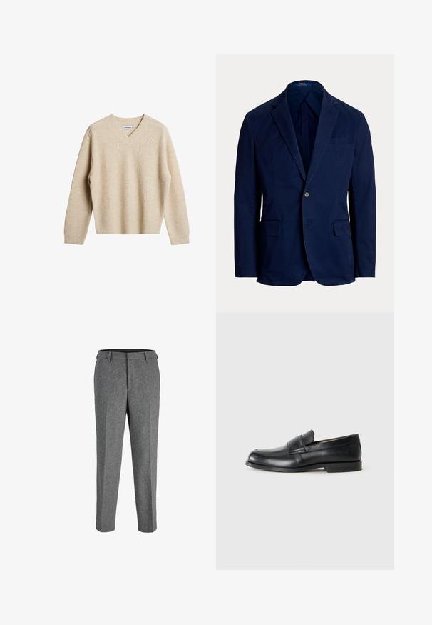 Blazer azul marino de un solo botón con solapas con muesca y bolsillos con solapa, corte ajustado, etiqueta Polo Ralph Lauren en el interior del cuello.; Suéter de punto acanalado beige con escote en V y mangas largas. Presenta un ajuste relajado y una tela texturizada para mayor calidez y comodidad.; Pantalones de mezcla de lana gris con corte recto, que presentan una parte frontal plana, trabillas para cinturón y un acabado texturizado.; Mocasines de cuero negro con punta redondeada, detalles cosidos y suela plana de goma. Presentan una banda ancha sobre el empeine.