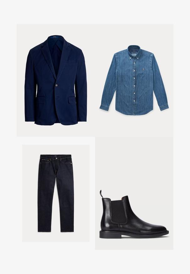 Marineblå blazer med enkelt knap, slag med hakkede revers og klaplommer, skræddersyet pasform, Polo Ralph Lauren label inde i kraven.; Langærmet blå denim skjorte med knapper, krave og lille broderet logo på venstre bryst.; Mørk indigoblå jeans med lige ben, fem lommer, knap- og lynlås lukning samt kontrastfulde orange syninger på en ensfarvet baggrund.; Sort læder Chelsea støvle med elastiske sidelæg, tekstureret overflade, rund tå og en lav stablet hæl. Har en grebsløkke for nem påtagning.