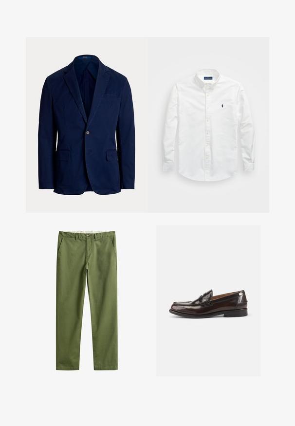 Navy blue single-button blazer with notch lapels and flap pockets, tailored fit, Polo Ralph Lauren label inside collar.; White button-up shirt made of cotton. Features a pointed collar, long sleeves, and a small navy logo on the chest. Smooth texture.; Olive green straight-leg pants with belt loops, front button, zipper closure, and side pockets.; Brown leather loafers with a shiny finish, a stitched design at the toe, and a low heel. Side embossed branding detail is present.