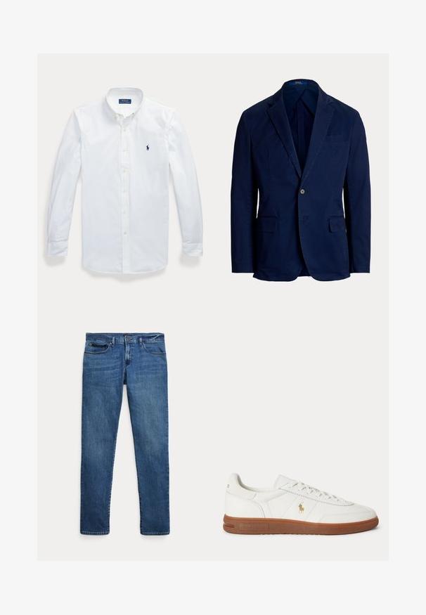 Marineblauwe blazer met één knoop, met inkeping revers en klepzakken, getailleerde pasvorm, Polo Ralph Lauren label binnen in de kraag.; Wit overhemd met lange mouwen en knopen, met kraag, Polo Ralph Lauren-logo geborduurd op de linkerborst.; Blauwe denim jeans met een slim fit, voorzien van voorkantzakken, riemlussen en een knoopsluiting op een witte achtergrond.; Witte lage sneaker met bruine zool, veters aan de voorkant en klein gouden Polo Ralph Lauren-logo aan de zijkant.