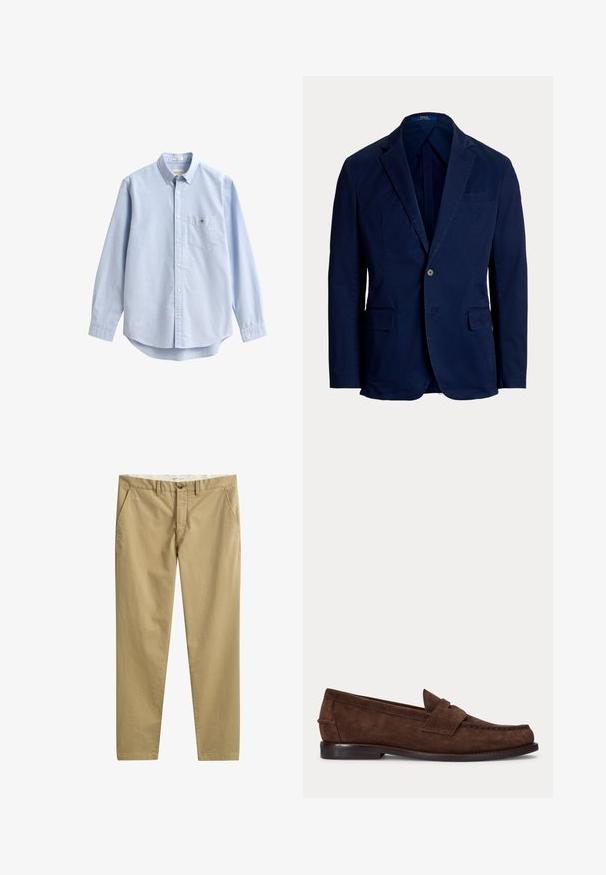 Marineblå blazer med enkelt knap, slag med hakkede revers og klaplommer, skræddersyet pasform, Polo Ralph Lauren label inde i kraven.; Lyseblå bomuldsskjorte med knapper. Har en brystlomme, lange ærmer og en klassisk krave. Glat tekstur med afrundet kant.; Beige afslappede bukser med lige ben, sidelommer, bæltestropper, knaplukning og lynlås, lavet af mærket GANT.; Brun ruskind penny loafer med lav hæl og synlig syning langs tåen, siden og bagpå, vist på ensartet lys baggrund.