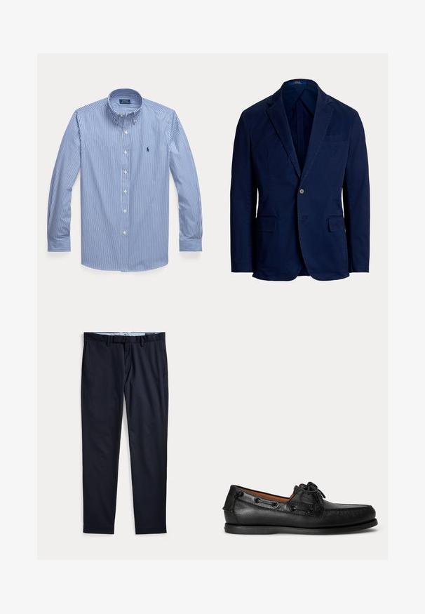 Marineblauer Ein-Knopf-Blazer mit Kerbkragen und Pattentaschen, taillierte Passform, Polo Ralph Lauren Label innen am Kragen.; Langärmliges blau-weiß vertikal gestreiftes Hemd mit Kragen und kleinem gesticktem Logo auf der linken Brust.; Marineblaue Herrenhose mit Gürtelschlaufen, Reißverschluss und Seitentaschen, flach auf weißem Hintergrund ausgelegt.; Schwarzer Ledermokassin mit Schnürdetail und flacher Gummisohle, seitlich auf hellem Hintergrund gezeigt.