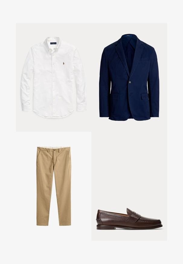 Marineblauer Ein-Knopf-Blazer mit Kerbkragen und Pattentaschen, taillierte Passform, Polo Ralph Lauren Label innen am Kragen.; Weißes, langärmliges Hemd mit Knopfleiste und Kragen sowie kleinem, gesticktem Logo auf der linken Brust, flach auf einem einfarbigen Hintergrund liegend.; Beige Chinos mit geradem Bein, Gürtelschlaufen, vorderem Knopf, Reißverschluss und Seitentaschen, flach auf weißem Hintergrund dargestellt.; Dunkelbrauner Leder-Pennyloafer mit Nahtdetails und niedrigem gestapeltem Absatz, seitlich auf einfachem Hintergrund gezeigt.
