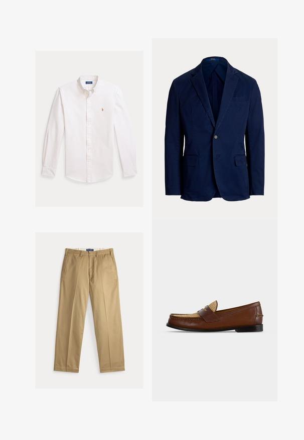 Marineblauer Ein-Knopf-Blazer mit Kerbkragen und Pattentaschen, taillierte Passform, Polo Ralph Lauren Label innen am Kragen.; Weißes Hemd mit Knopfleiste, hellen Streifen, langen Ärmeln, spitzem Kragen und gesticktem Logo auf der Brust. Baumwollmaterial, glatte Textur.; Beige Chinos aus Baumwollstoff. Gerade geschnitten mit flacher Vorderseite, zwei Seitentaschen und einem Bund mit Knopfverschluss.; Brauner Herren-Lederschuh mit gewebtem beigen Obermaterial und schwarzer Sohle, seitlich auf weißem Hintergrund dargestellt.