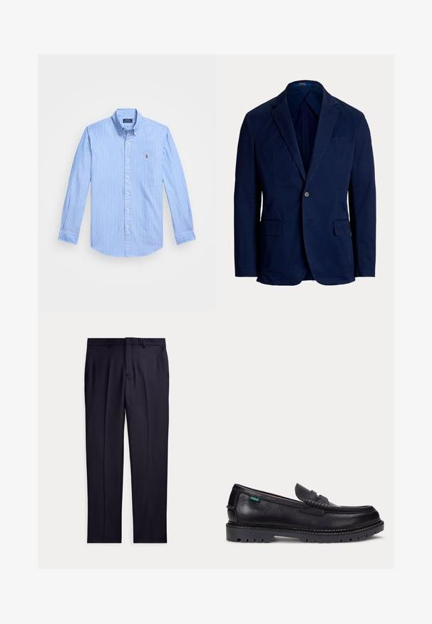 Marineblauer Ein-Knopf-Blazer mit Kerbkragen und Pattentaschen, taillierte Passform, Polo Ralph Lauren Label innen am Kragen.; Gestreifte Langarm-Baumwollhemd in Blau und Weiß mit spitzem Kragen und Logo-Emblem auf der Brust. Das Material hat eine glatte Textur.; Schwarze gerade geschnittene Anzughose mit Gürtelschlaufen, Seitentaschen und Frontreißverschluss, flach auf hellem Hintergrund dargestellt.; Schwarzer Lederloafer mit dicker Profilsohle und kleinem grünen "Polo"-Etikett an der Außenseite nahe der Ferse.