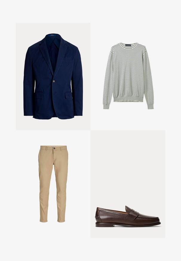 Blazer bleu marine à bouton unique avec revers crantés et poches à rabat, coupe ajustée, étiquette Polo Ralph Lauren à l'intérieur du col.; Sweatshirt rayé en crème et bleu marine, avec un col rond, des poignets et un ourlet côtelés. Tissu doux avec des rayures horizontales sur l'ensemble.; Pantalon beige slim pour homme avec passants de ceinture, fermeture à boutons à l'avant et poches latérales sur fond blanc.; Mocassin penny en cuir marron foncé avec des détails de couture et un petit talon empilé, présenté de profil sur un fond uni.