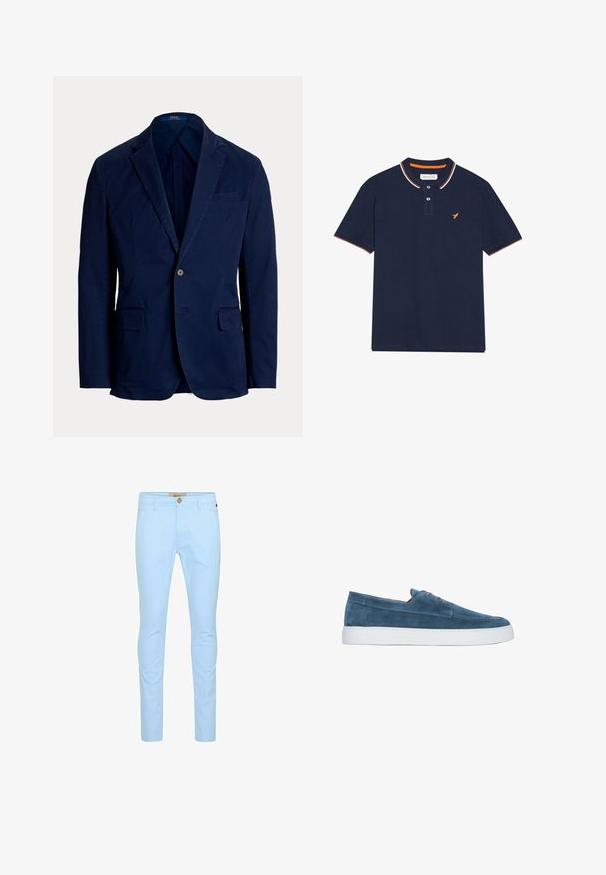 Marineblauwe blazer met één knoop, met inkeping revers en klepzakken, getailleerde pasvorm, Polo Ralph Lauren label binnen in de kraag.; Marineblauw polo shirt van katoen, met een kraag met twee knopen in contrasterend wit en oranje, en een oranje logo op de borst.; Lichtblauwe katoenen chino's met een slim fit, voorzien van een sluiting met knopen aan de voorkant, riemlussen en een gladde textuur. Geen zichtbare patronen of accenten.; Blauwe suède lage sneaker met witte rubberen zool en bruine veters, zijaanzicht op een witte achtergrond.