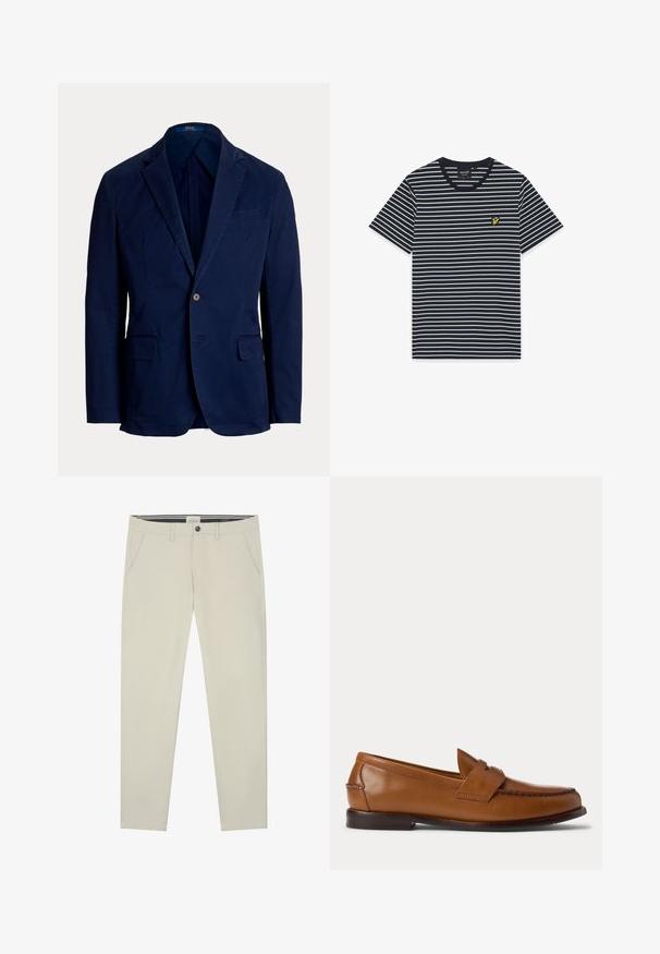 Blazer azul marino de un solo botón con solapas con muesca y bolsillos con solapa, corte ajustado, etiqueta Polo Ralph Lauren en el interior del cuello.; Camiseta de manga corta azul marino con delgadas rayas horizontales blancas y un pequeño logo de un pájaro amarillo en el pecho izquierdo.; Chinos de un beige claro con corte recto, fabricados en una suave tela de algodón. Cuentan con trabillas para cinturón, bolsillos frontales y un bolsillo trasero.; Zapato tipo mocasín penny loaf de cuero marrón con tacón bajo y detalles cosidos en la parte frontal y los laterales, mostrado de lado sobre un fondo blanco.
