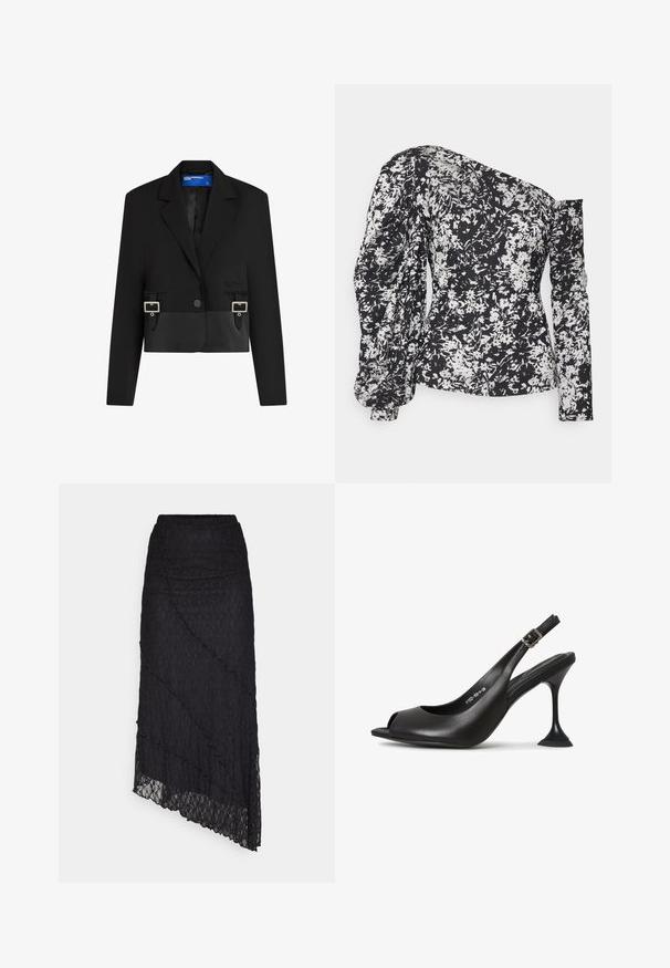 Sort kort blazer med revers, enkelt knaplukning, to spænde detaljer ved taljen og Karl Lagerfeld Jeans label indeni kraven.; April & Alex ESSIE BLOUSE - Bluse - mixed; ONLY ONLKIM SLIT - Maxinederdele - black; Sort læder slingback hæl med åben tå, spids form, smal hæl der udvider sig, og en firkantet base. Tekstureret overflade og spænde detaljer.