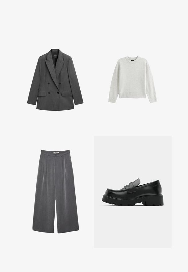Blazer gris foncé à double boutonnage à rayures fines, avec de larges revers, deux poches à rabat à l'avant et quatre boutons noirs sur le devant.; Pull gris clair en tissu doux, doté d'un col rond, de coutures d'épaule tombantes et de poignets et ourlet côtelés.; Pantalon gris à jambes larges avec plis, confectionné dans un tissu doux. Dispose d'une fermeture à boutons et d'une taille cintrée.; Mocassins en cuir noir avec une semelle épaisse et texturée, dotés d'une sangle sur le vamp et d'une finition lisse et polie.