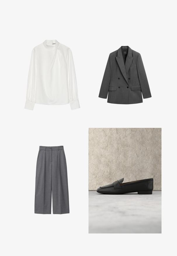 Donkergrijze double-breasted krijtstreep blazer met brede revers, twee voorflapzakken en vier zwarte knopen aan de voorkant.; Witte blouse met een hoge halslijn, lange pofmouwen en een ritssluiting aan de achterkant. Glad stof met een lichte glans en subtiele val.; Grijze wijde broek van soepel materiaal, met een hoge taille, plooien, een knoopsluiting en zijzakken. Minimalistisch ontwerp.; Zwarte leren instappers met een gouden accent, een ronde neus en een gladde textuur, zwevend boven een reflecterend oppervlak met metalen schappen.