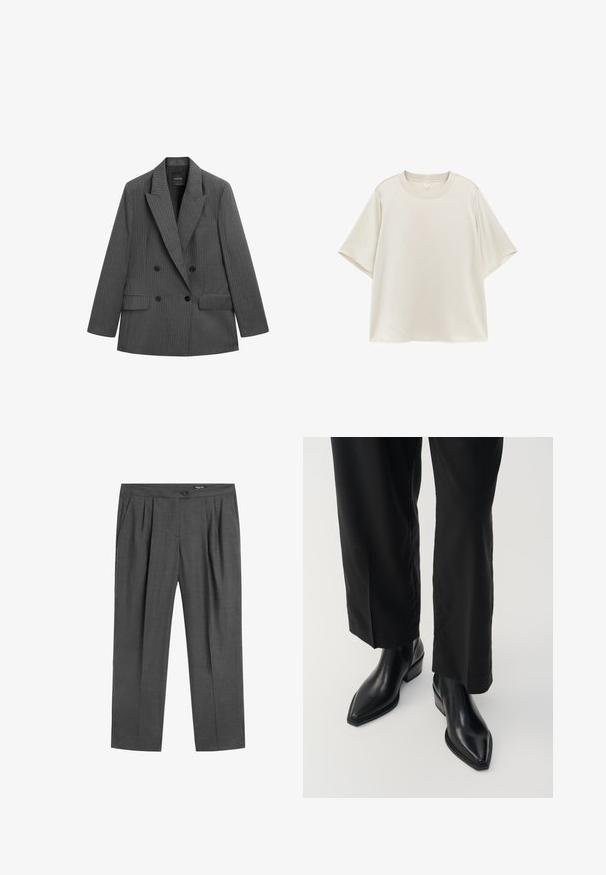 Dunkelgrauer, zweireihiger Nadelstreifen-Blazer mit breitem Revers, zwei vorderen Pattentaschen und vier schwarzen Knöpfen vorne.; Schlichtes hellbeiges T-Shirt mit kurzen Ärmeln und Rundhalsausschnitt, mit lockerer Passform, flach auf weißem Hintergrund präsentiert.; Dunkelgraue, maßgeschneiderte Hose mit vorderen Falten, Seitentaschen, Knopf am Bund und Reißverschluss.; Schwarze Leder-Ankle-Boots mit spitzer Zehe, glatter Textur und quadratischem Absatz. Kombiniert mit schwarzen, weiten Hosen, die eine elegante Silhouette erzeugen.