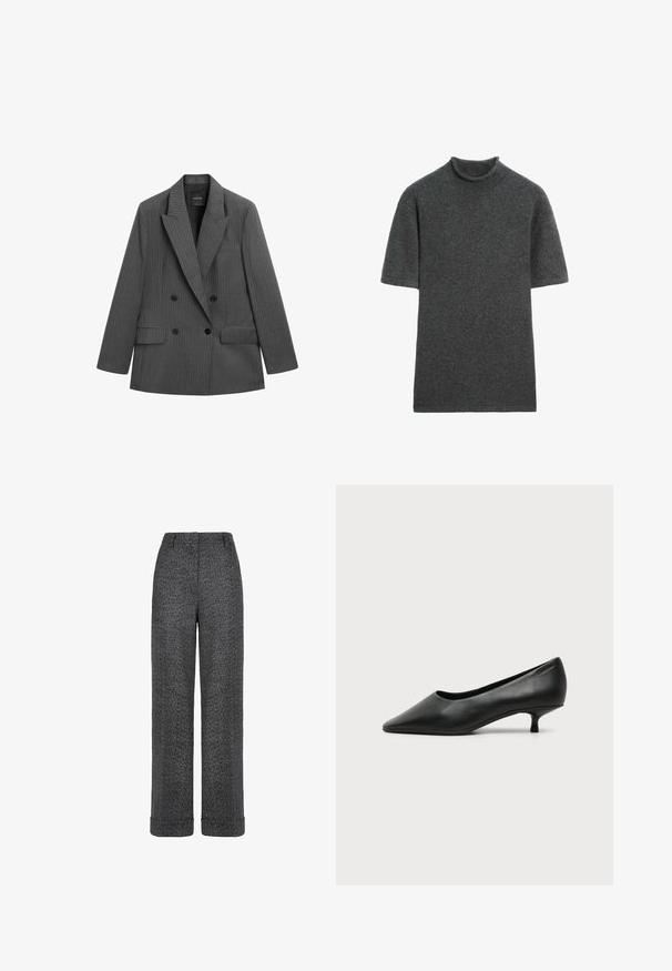 Dunkelgrauer, zweireihiger Nadelstreifen-Blazer mit breitem Revers, zwei vorderen Pattentaschen und vier schwarzen Knöpfen vorne.; Dunkelgrauer kurzärmeliger Strickpullover mit lockerem Stehkragen, flach auf weißem Hintergrund dargestellt.; Graue Wollhose mit Fischgratmuster, geraden Beinen, aufgeschlagenen Säumen und einem Bund mit Gürtelschlaufen.; Schwarzer Leder-Damenschuh mit niedrigem Absatz, spitzer Schuhspitze und kleinem Kittenabsatz auf schlichtem hellem Hintergrund.