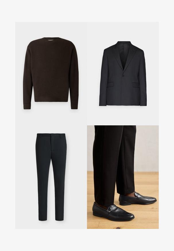 Sort blazer lavet af glat stof, med en enkelt knap, slagkraver og to frontlommer. Skræddersyet pasform med en struktureret silhuet.; Mørkebrun crewneck sweater lavet af tekstureret stof. Har lange ærmer samt ribbede manchetter og kant. Minimalistisk design uden mønstre eller accenter.; Sorte, tætsiddende bukser med bæltestropper, frontlynlås og uden synlige lommer, vist mod en ensfarvet hvid baggrund.; Sorte læder loafers med en glat overflade, prydet med en dekorativ spænde, parret med skræddersyede sorte bukser mod et trægulv.