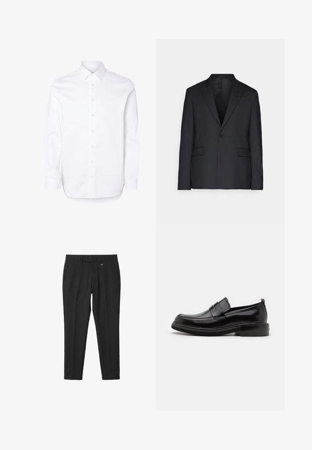 Blazer negro de tela suave, con un solo botón, solapas de muesca y dos bolsillos frontales. Corte entallado con una silueta estructurada.; Camisa blanca de manga larga con cuello clásico y puños abotonados.; Pantalones formales negros de ajuste slim con trabillas para cinturón, cierre frontal de botón y bolsillos laterales, presentados sobre un fondo blanco.; Calvin Klein MOCCASIN - Mocasines elegantes - black