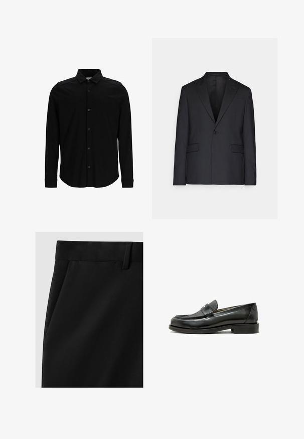Schwarzer Blazer aus glattem Stoff, mit einem Knopf, Reverskragen und zwei Fronttaschen. Maßgeschneiderte Passform mit einer strukturierten Silhouette.; Schwarzes Langarmhemd aus glattem Stoff, mit einer durchgehenden Knopfleiste, Kragen und dezentem besticktem Logo auf der Brust.; Schwarze maßgeschneiderte Hosen mit glatter Textur, ausgestattet mit einem flachen Bund, seitlichen Taschen und einem geraden Bein.; Schwarzer Lederloafer mit strukturiertem schwarzen Lederakzent, abgerundeter Zehenform und niedrigem Blockabsatz; verfügt über ein dekoratives metallisches Detail.