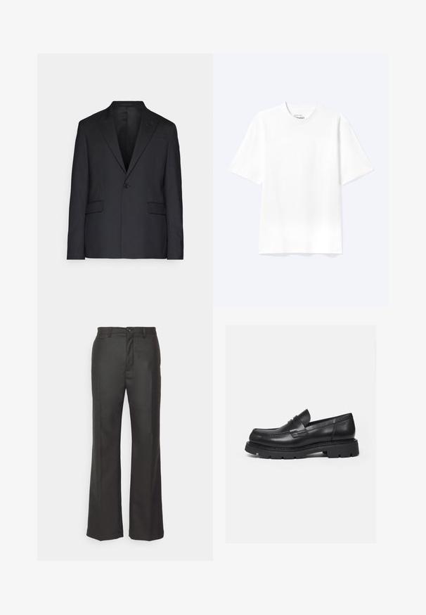 Schwarzer Blazer aus glattem Stoff, mit einem Knopf, Reverskragen und zwei Fronttaschen. Maßgeschneiderte Passform mit einer strukturierten Silhouette.; Schlichtes weißes T-Shirt mit kurzen Ärmeln und Rundhalsausschnitt in entspannter Passform, auf hellem Hintergrund dargestellt.; forét Stoffhose - dark grey; Schwarzer Lederloafer mit dicker, profilierter Sohle und Pennyriemen-Detail, von der rechten Seitenansicht auf weißem Hintergrund gezeigt.