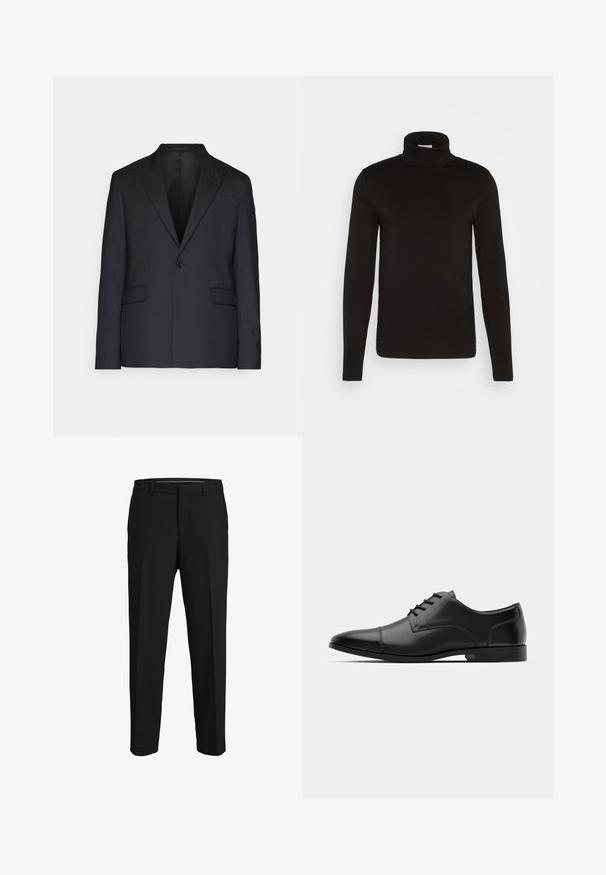 Sort blazer lavet af glat stof, med en enkelt knap, slagkraver og to frontlommer. Skræddersyet pasform med en struktureret silhuet.; Sort turtleneck langærmet skjorte lavet af et glat stof med en tætsiddende design og en høj, tætsiddende krave. Ingen mønstre eller accenter synlige.; Sorte bukser lavet af glat stof, med lige snit, bæltestropper og et fladt frontdesign uden synlige mønstre eller pyntegenstande.; Sorte læder slipsede sko med rund tå, glat tekstur, seks snørehuller og en lav sort sål. Har en subtil søm hen over tåen.