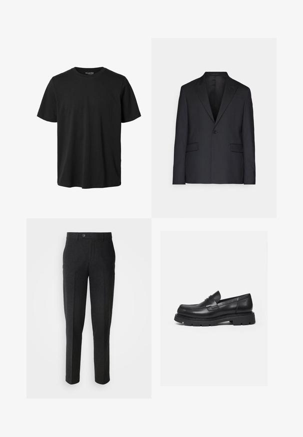 Schwarzer Blazer aus glattem Stoff, mit einem Knopf, Reverskragen und zwei Fronttaschen. Maßgeschneiderte Passform mit einer strukturierten Silhouette.; Schlichtes schwarzes Kurzarm-T-Shirt mit Rundhalsausschnitt, regulärer Passform und ohne sichtbares Design oder Branding auf der Vorderseite.; Lindbergh Stoffhose - black melange; Schwarzer Lederloafer mit dicker, profilierter Sohle und Pennyriemen-Detail, von der rechten Seitenansicht auf weißem Hintergrund gezeigt.