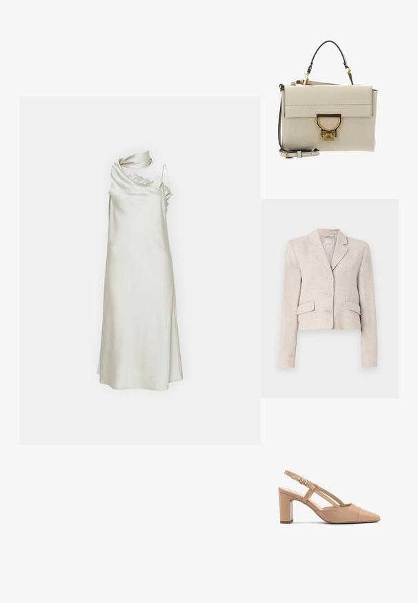 Blazer de lino beige con corte ajustado, solapas con muesca, cierre de tres botones y dos bolsillos frontales. Textura suave con un sutil tejido.; Vestido de un solo hombro en satén cremoso con detalle de cuello con volantes, silueta tipo A fluida y tirante ajustable en el hombro.; Tacones de slingback de cuero beige con punta afilada, tacón cuadrado y correa con un pequeño hebilla dorada. Textura suave, diseño minimalista.; Bolso de mano de cuero beige con asa superior, cierre de tono dorado y correa de hombro desmontable, forma rectangular, acabado liso y texturizado.