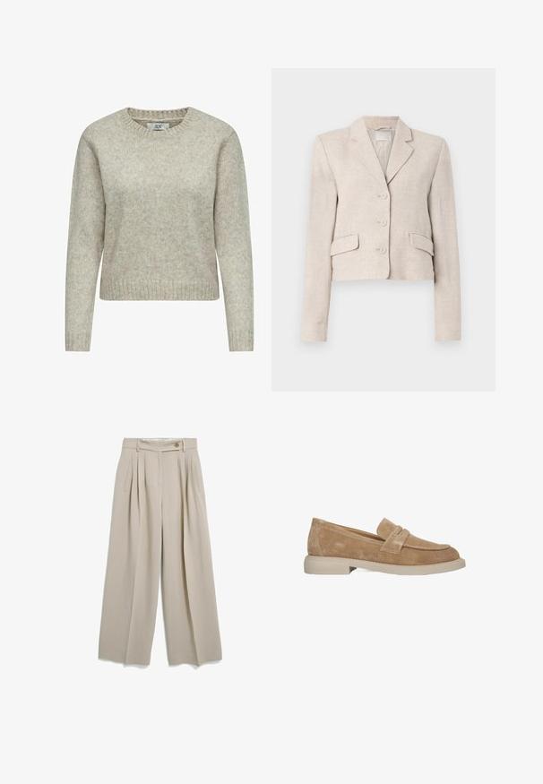 Beige linnen blazer met een getailleerde snit, notch revers, drieknoopssluiting en twee voorzakken. Glad textuur met een subtiele weving.; Lichtbeige vrouwen trui gemaakt van zacht gebreide stof, met een ronde halslijn en ribgebreide manchetten en zoom. Klassiek, recht gesneden ontwerp.; Beige wijde broek met hoge taille, met plooien, zijzakken, riemlussen en een knoopsluiting aan de tailleband.; Bruine suède instappers met een ronde neus, decoratieve riemdetails en een lichtgekleurde, stevige rubberen zool. Fijn gestructureerd oppervlak.