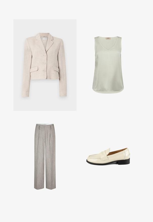 Blazer de lino beige con corte ajustado, solapas con muesca, cierre de tres botones y dos bolsillos frontales. Textura suave con un sutil tejido.; Blusa sin mangas de satén color beige claro con escote en V y dobladillo redondeado, con una pequeña etiqueta en la parte posterior del cuello interior.; Second Female JUN - Pantalones - trench coat; Mocasin de charol beige con puntera redonda y acentos decorativos de costura. Presenta un tacón bajo negro y diseño sin cordones.