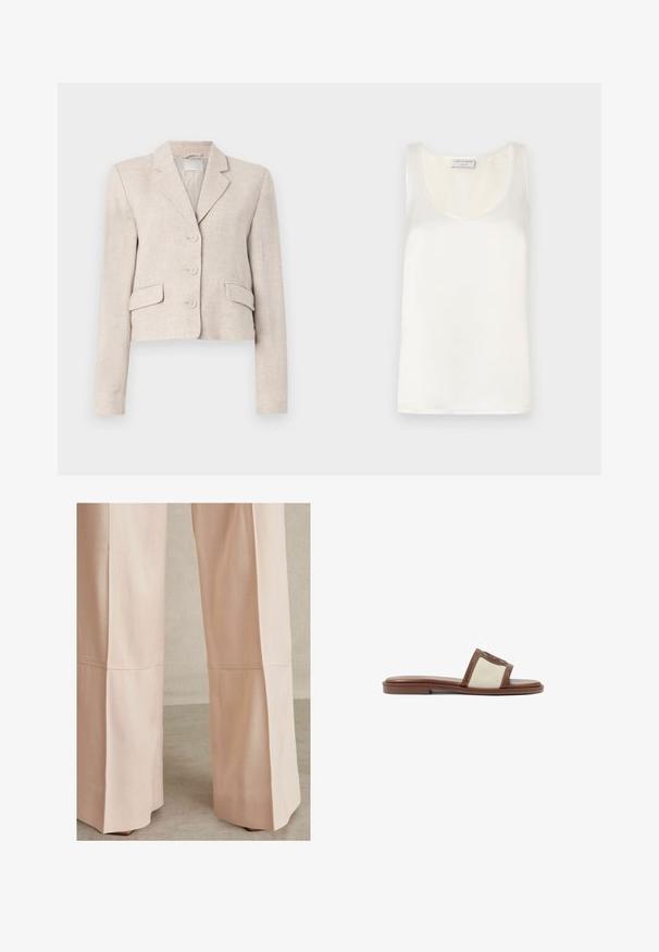 Blazer de lino beige con corte ajustado, solapas con muesca, cierre de tres botones y dos bolsillos frontales. Textura suave con un sutil tejido.; Top sin mangas de satén blanco que presenta un escote redondo y una textura suave, con un brillo sutil y bordes limpios.; Pantalones de pierna ancha en color rosa claro, con una tela texturizada, detalles de costura y un corte limpio en el dobladillo. Adecuados para uso casual o formal.; Sandalia deslizante de cuero marrón con una parte superior de tejido beige, suela plana y punta redondeada. El diseño incluye un acento con el logo en la correa.