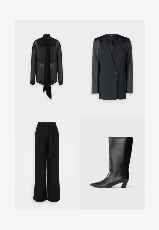Sort dobbeltradet blazer med en struktureret silhuet, satin skulderdetaljer og en tekstureret indvendig foring. Glat stof med rene linjer.; Sort chiffon bluse med lang sløjfe, høj krave og lange ærmer. Gennemsigtig tekstur med solide sorte manchetter og afrundet kant.; Sorte bukser med vidde i benene lavet af et glat stof, med høj talje, bindebælte og læg for et skræddersyet look.; Knæhøje sorte læderstøvler med spidse tæer, vinklede blokhæle og glat overflade. Minimalistisk design uden synlige dekorationer.