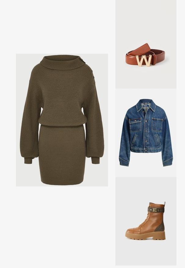Denimjakke med knaplukning foran, to brystlommer med knapper, to skrå sidelommer og en skjortekrave i medium blå vask.; Oliven grøn strikket sweaterkjole med ballonærmer, bred cowl-krave og knapdetaljer på skulderen.; Brun læder ankelstøvle med en kraftig sål, der har en mønstret grå bånd og guldfarvet hardware-accenter. Snørelukning med solid konstruktion.; Brunt læderbælte med spænde i guldmetal formet som bogstavet "W." Har en glat tekstur og et klassisk, tilspidset design.
