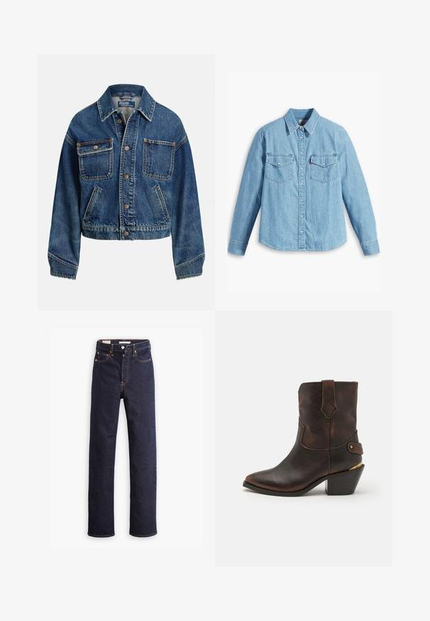 Spijkerjack met knoopsluiting aan de voorkant, twee borstzakken met knopen, twee schuine zijzakken en een overhemdkraag in medium blauwe wassing.; Lichtblauwe spijker blouse met lange mouwen, puntige kraag, twee borstzakken, knoopsluiting en subtiele textuur. Geen zichtbare patronen.; Donkerblauwe straight-leg denim jeans met vijf zakken en zichtbare oranje stiksels op een witte achtergrond.; Bruine leren cowboylaars met een puntenneus en gestapelde hak. Voorzien van een decoratief ruitpatroon en een riem met hardware accent.