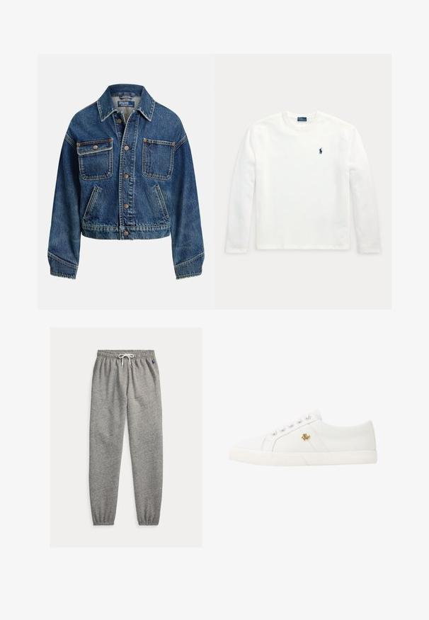 Denimjakke med knaplukning foran, to brystlommer med knapper, to skrå sidelommer og en skjortekrave i medium blå vask.; Hvid langærmet t-shirt med rund hals og lille mørkeblå broderet hest og rytter-logo på venstre bryst.; Grå joggingbukser lavet af blød bomuldsblanding med elastisk talje med bindebånd og tilspidsede manchetter samt en lille logodetalje.; Lauren Ralph Lauren JANSON II CANVAS SNEAKER - Sneakers - optic white