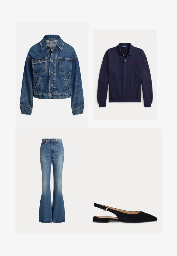 Denimtakki, jossa on napillinen etu, kaksi nappillista rintataskua, kaksi viistotaskua sivuilla ja kauluspaita kaulus keskisinisessä pesussa.; Laivastonsininen pitkähihainen poolopaita, jossa on kaksi valkoista nappia ja vasemmassa rinnassa punainen kirjailtu logo valkoisella taustalla.; Korkeavyötäröiset siniset farkut, joissa levenevät lahkeet ja hieman haalistumaa etureiden alueella, esitetty valkoisella taustalla.; Mustaa mokkaa oleva piikkikärkinen slingback-tasapohjainen kenkä, jossa on matala korko ja säädettävä kultainen solkivyö.