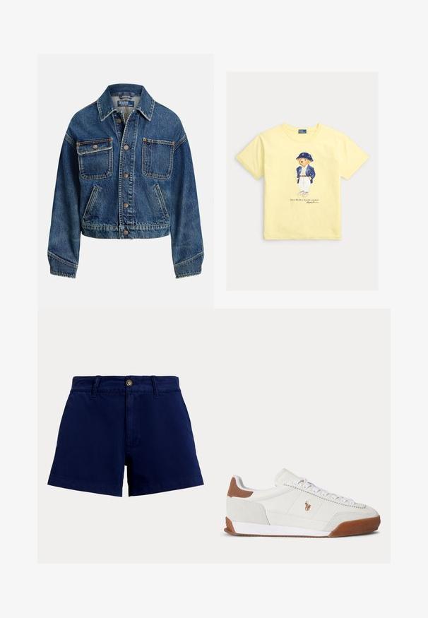 Denimjakke med knaplukning foran, to brystlommer med knapper, to skrå sidelommer og en skjortekrave i medium blå vask.; Gul T-shirt med korte ærmer med en bjørn iført blå hat, blå jakke, hvide bukser og sneakers med teksten Polo Bear by Ralph Lauren nedenunder.; Marineblå shorts med høj talje, bæltestropper, knaplukning og en frontlynlås, vist på en ensartet lys baggrund.; Hvid sneaker med lavt skaft med brune ruskindsdetaljer ved hæl og tå, hvide snørebånd og et lille brunt broderet logo på siden.