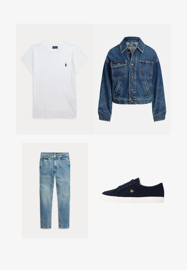 Spijkerjack met knoopsluiting aan de voorkant, twee borstzakken met knopen, twee schuine zijzakken en een overhemdkraag in medium blauwe wassing.; Wit T-shirt met korte mouwen en ronde hals met klein donkerblauw Polo Ralph Lauren-logo op de linkerborst.; Lichtblauwe slim-fit jeans met vijf zakken en knoopsluiting, plat gelegd op een witte achtergrond.; Lauren Ralph Lauren JANSON II CANVAS SNEAKER - Sneakers laag - navy