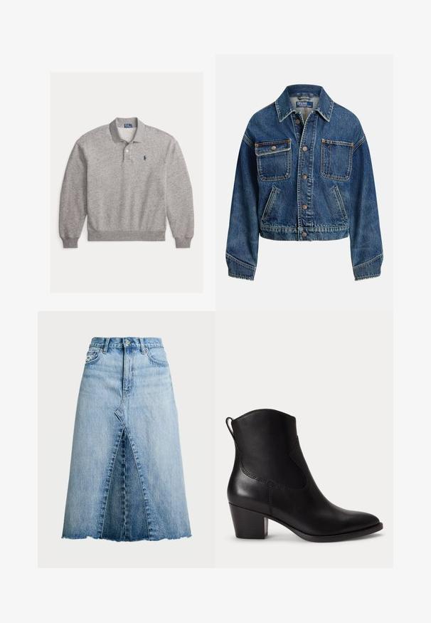 Chaqueta vaquera con cierre de botones, dos bolsillos en el pecho con botones, dos bolsillos laterales diagonales y cuello de camisa en un lavado azul medio.; Polo de manga larga color gris claro con puños acanalados, tapeta con dos botones y pequeño logo bordado en azul marino en el pecho izquierdo.; Polo Ralph Lauren PANELED DENIM A LINE SKIRT - Falda acampanada - lindale wash; Botín negro de cuero con tacón de bloque bajo, puntera redondeada y lengüeta trasera contra un fondo blanco liso.