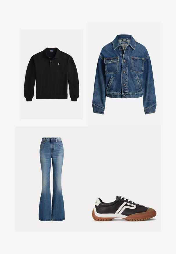 Spijkerjack met knoopsluiting aan de voorkant, twee borstzakken met knopen, twee schuine zijzakken en een overhemdkraag in medium blauwe wassing.; Zwart poloshirt met lange mouwen, geribde manchetten, een twee-knops sluiting en klein wit geborduurd logo op de linkerborst.; High waist blauwe spijkerbroek met uitlopende pijpen en lichte vervaging aan de voorkant van het bovenbeen, getoond tegen een witte achtergrond.; Zwarte leren sneaker met witte veters, witte logostrepen, bruine rubberen zool en suède neuskapje op een neutrale achtergrond.