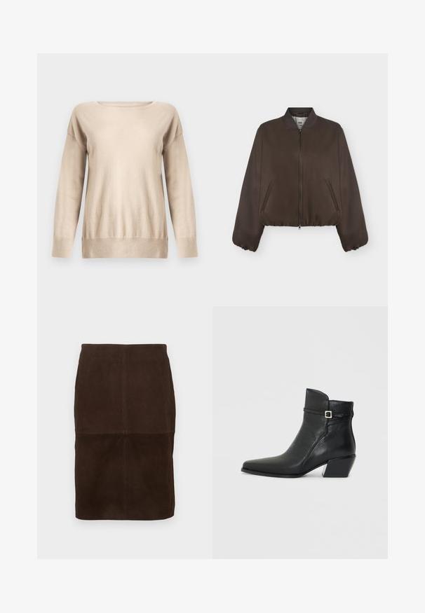 Veste bomber marron foncé avec fermeture éclair à l'avant, col côtelé, poignets élastiques et poches latérales sur un fond clair uni.; Pull beige en maille douce, doté d'un col rond, de manches longues et d'une coupe décontractée avec des poignets et un ourlet côtelés.; Jupe crayon en daim marron foncé avec des détails de coutures visibles, longueur genoux, présentée sur un fond clair.; Bottines en cuir noir avec un bout pointu, un petit talon carré et une sangle décorative avec une boucle en argent. Texture lisse.