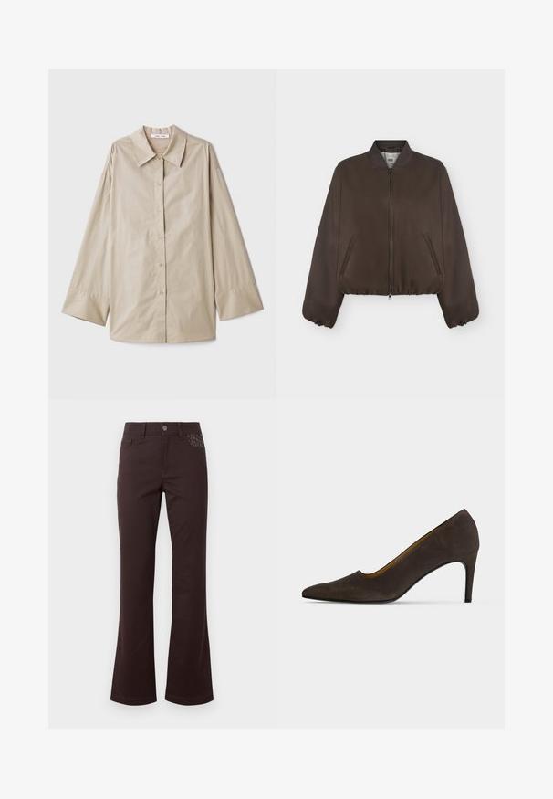 Veste bomber marron foncé avec fermeture éclair à l'avant, col côtelé, poignets élastiques et poches latérales sur un fond clair uni.; Chemise beige à manches longues avec un grand col pointu, fermeture à boutons, et larges poignets. Fabriquée dans un tissu lisse et léger.; Pantalon droit taille haute marron foncé avec fermeture par bouton et un subtil motif léopard sur la poche avant droite.; Chaussure à talons hauts brun foncé à bout pointu, finition lisse et talon fin sur un fond clair uni.
