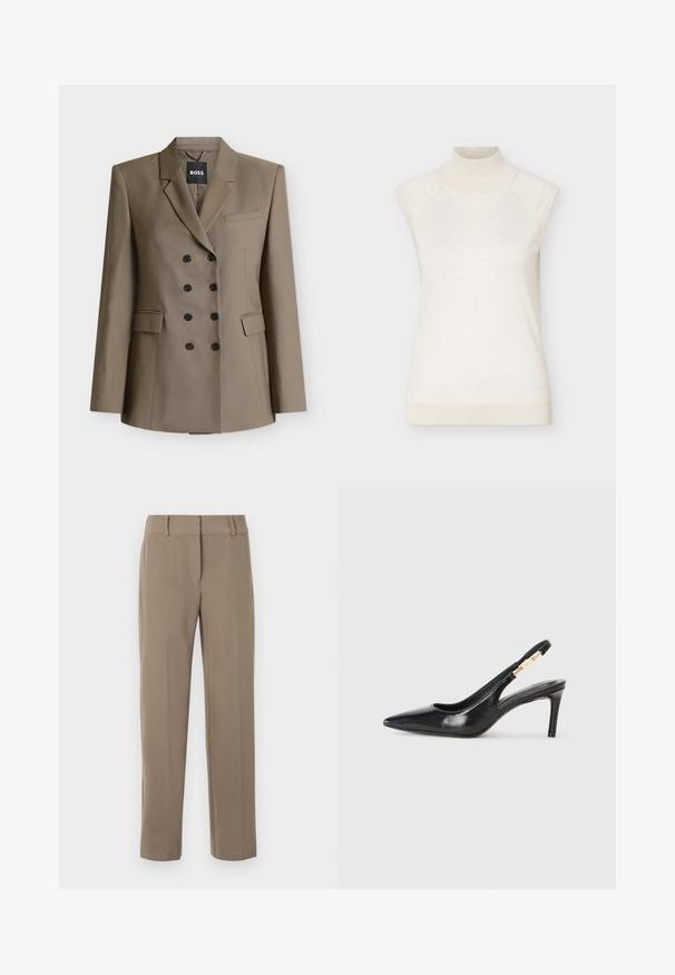 Taupe dobbeltradet blazer med peak revers, seks sorte knapper, to klaplommer og en brystlomme, vist på en hvid baggrund.; Ærmeløs cremefarvet rullekravesweater med ribstrikket krave og kant, vist mod en ensfarvet lys baggrund.; Klassiske kaki bukser med lige ben, bæltestropper og lynlås foran på hvid baggrund.; Sort læder slingback højhælede sko med spidse tæer, glat overflade og en smal ankelrem med guldfarvede hardware detaljer.