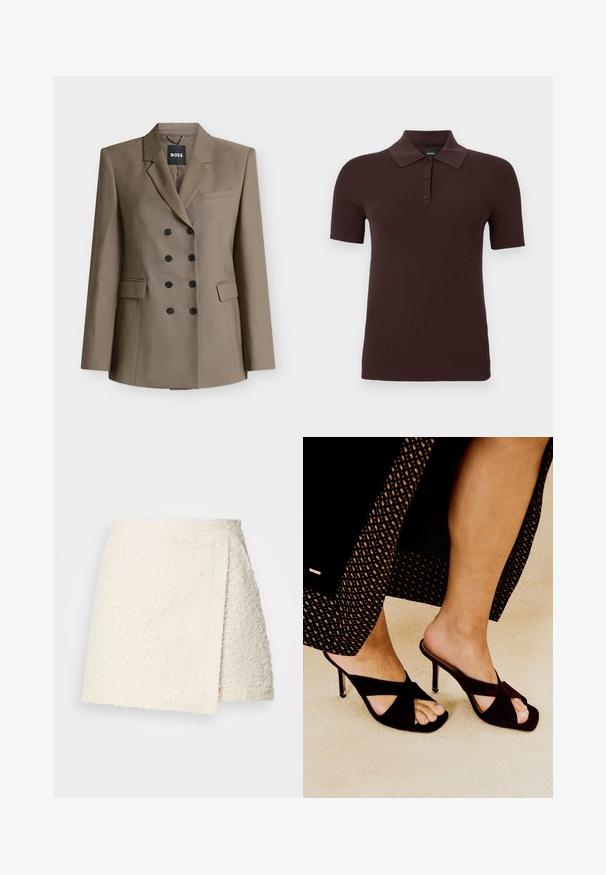Veste croisée taupe avec revers à cran, six boutons noirs, deux poches à rabat et une poche poitrine passepoilée, présentée sur fond blanc.; Polo en maille côtelée à manches courtes de couleur brun foncé avec trois boutons et un col classique, présenté sur un fond uni.; Mini-jupe en tissu beige crème texturé avec un devant croisé asymétrique et une ceinture droite sur un fond uni.; Pieds nus dans des sandales mules noires à talons hauts et bout ouvert avec des brides croisées, debout sur un sol clair texturé, portant une jupe noire à motifs.