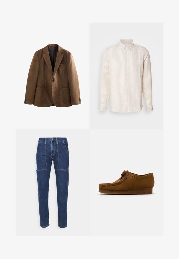Brun ruskindsblazer med to forlommer, enkelt knaplukning og et mønstret sort foer. Har tre knapper på hver manchet.; Stribet skjorte med knaplukning i lys beige med tynde lodrette striber. Har en krave og lange ærmer, fremstillet af struktureret stof.; Mørkeblå denim jeans med lige pasform, synlige sømme, to forlommer og lynlås. Stoffet har en glat tekstur.; Brune ruskind sko med rund tå og lav hæl, detaljeret syning langs sømmene og snørelukning fortil. Blød tekstur med strømlinet design.