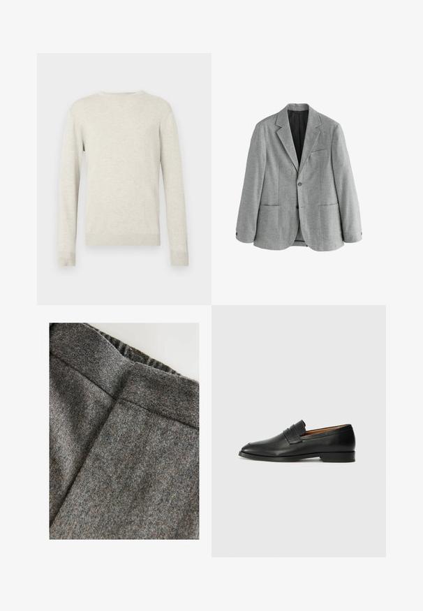 Grå uldblazer med notch-lapel, enkelt knaplukning, to forlommer og en brystlomme, med en glat indvendig foring.; Beige sweater med lange ærmer og rund halsudskæring, med ribbede manchetter og kant, præsenteret mod en simpel hvid baggrund.; Grå uldblandingsbukser med en glat tekstur, der har en bred talje og en ren, klassisk pasform. Subtile farveprikker er til stede.; Sort læder loafer med rund tå, diskret syning, og lav hæl, der har en glat tekstur og minimalistisk design.