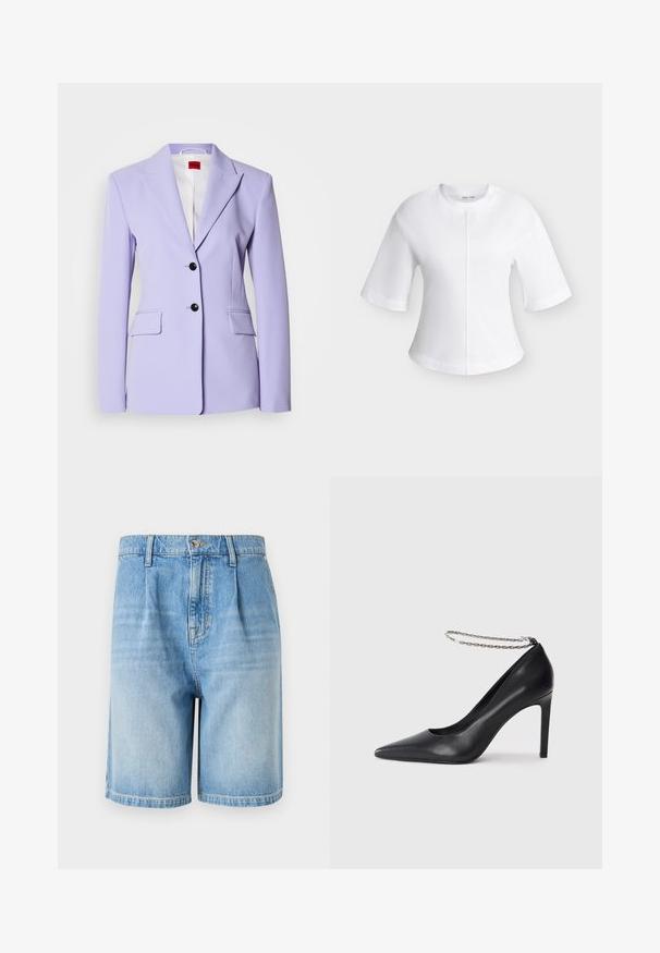 Lys lilla blazer med skræddersyet pasform, hak krave, enkeltstillet design, to forlommer og to sorte knapper.; Hvid kortærmet bluse med rund halsudskæring og central lodret sømdetalje foran.; Lysblå denimshorts med en afslappet pasform, med knaplukning, to forlommer og lige kant. Blegningseffekt gennem hele stoffet.; Sorte læder højhælede pumps med spids tå, der har en tynd sølvkæde ankelrem og en slank, glat tekstur.