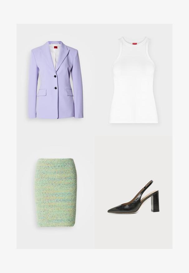 Lys lilla blazer med skræddersyet pasform, hak krave, enkeltstillet design, to forlommer og to sorte knapper.; Hvid ærmeløs ribbet tanktop med høj rund hals og tætsiddende pasform vist på en ensartet lys baggrund.; Knelang nederdel lavet af struktureret, pletret stof i pastelfarvet grøn med nuancer af blå, orange og lilla.; Sort læder peep-toe slingback sko med høj blokhæl og beige indvendig foring mod en ensfarvet lys baggrund.