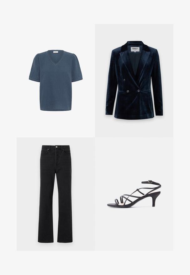 ONLY ONLASTRID ELSY FIT - Blejzer - night sky; Kaffe KAMAI - Tričko s potlačou - ensign blue; Čierne denimové džínsy s rozšírenými nohavicami, piatimi vreckami, predným zapínaním na gombík a nenápadnými detailmi šitia. Mäkčený materiál s minimálnym opotrebovaním.; Čierna dámska sandála s tenkými remienkami, nízkym opätkom a prackou na členku na jednoduchom svetlom pozadí.