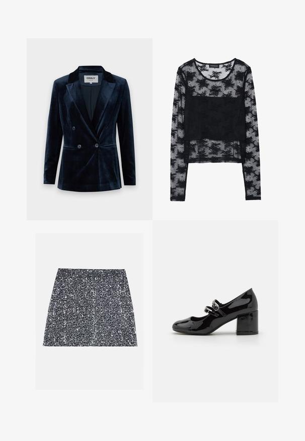 ONLY ONLASTRID ELSY FIT - Blazer - night sky; Haut noir à manches longues avec un design en maille transparente. Présente une superposition de texture florale et une section en tissu solide au centre. Élégant et léger.; Mini-jupe en sequins argentés avec un motif texturé et une coupe droite. Le tissu semble brillant et réfléchissant.; Chaussure Mary Jane en cuir verni noir avec un bout arrondi, deux sangles à boucle et un talon épais. Texture lisse avec une finition brillante.