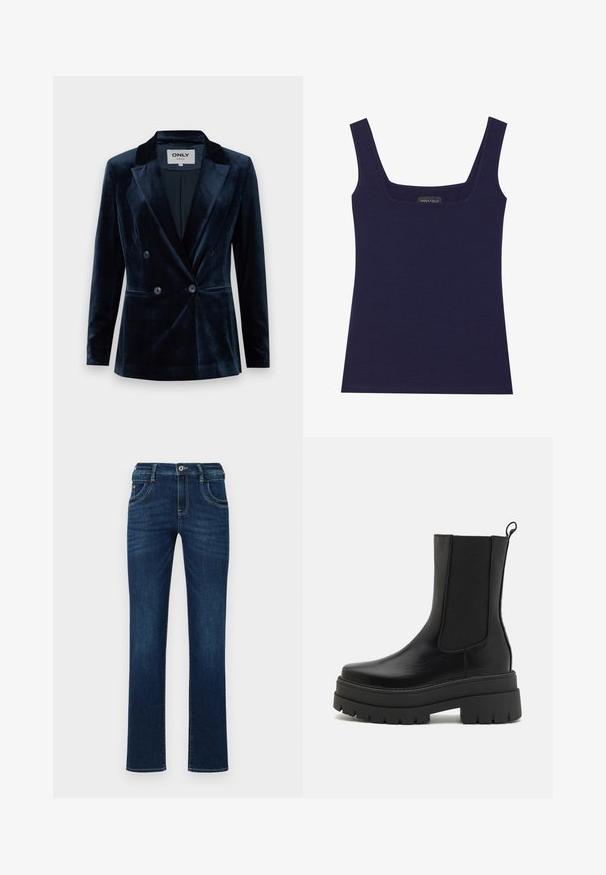 ONLY ONLASTRID ELSY FIT - Blazer - night sky; Marineblauw mouwloos topje van zachte stof met een vierkante halslijn, met strakke lijnen en zonder zichtbare patronen of versieringen.; Donkerblauwe denim jeans met een rechte pijp, vijf zakken en een standaard knoopsluiting. Bevat subtiele stikdetails.; Simmi London FINLAY - Enkellaarsjes met plateauzool - black