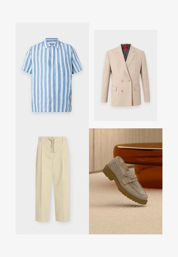 Beige dobbeltradet blazer med hakkede revers, to forlommer med klapper og lysebrune knapper, mærket med rød Hugo-label inde i kraven.; Kortærmet skjorte i lyseblå og hvide lodrette striber, lavet af hør med en spids krave og en enkelt brystlomme.; Beige bukser med lige ben, bæltestropper og bindebånd foran, med et rent, skræddersyet design og tekstureret stof.; Lysegrå ruskind loafers med chunky brun gummisål placeret på beige tæppe foran et sløret brunt rundt bord.